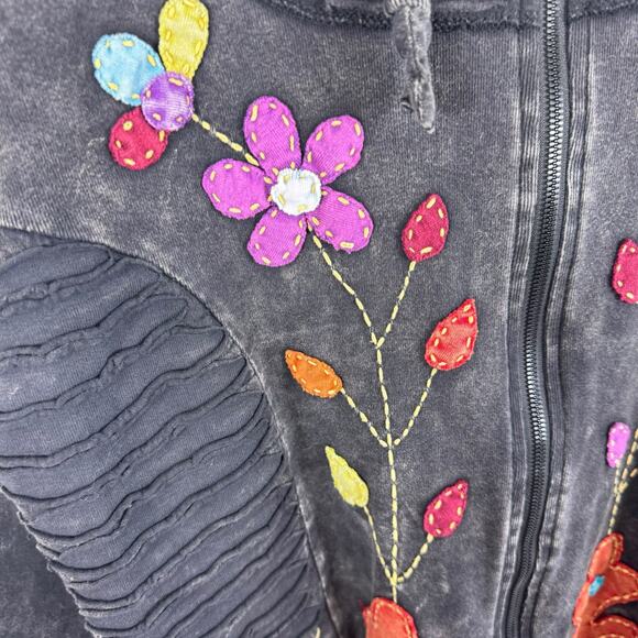 Rising International Cotton Black Floral Patchwork Hooded Zip Up Sweatshirt XL - Picture 3 of 7